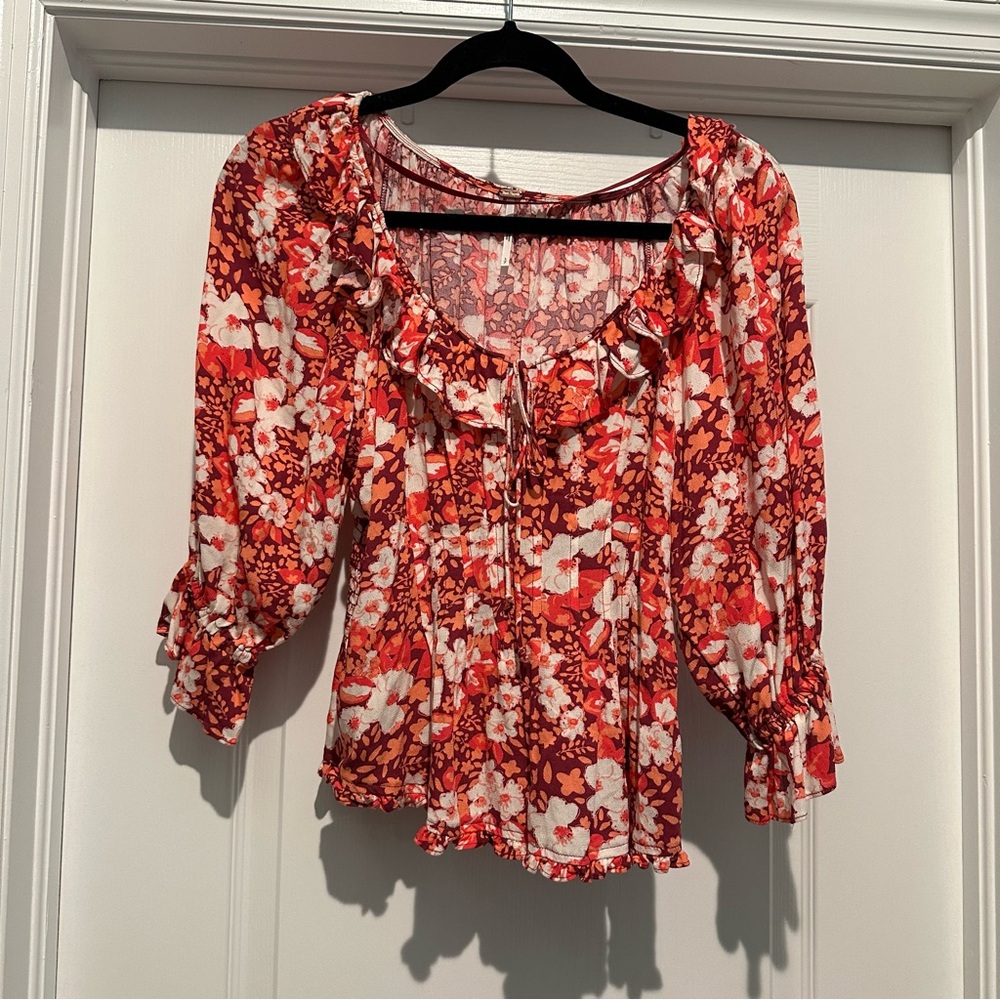 Free People Sweet Memories Pink Multi Floral Print Ruffled Puff Sleeve Top